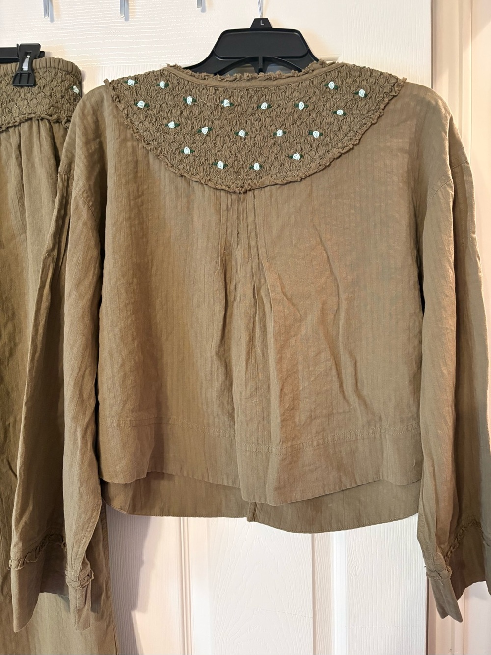 Free People Intimately Lounge Set Olive Green Embroidered Top Wide Leg Pants Boh - Picture 4 of 10